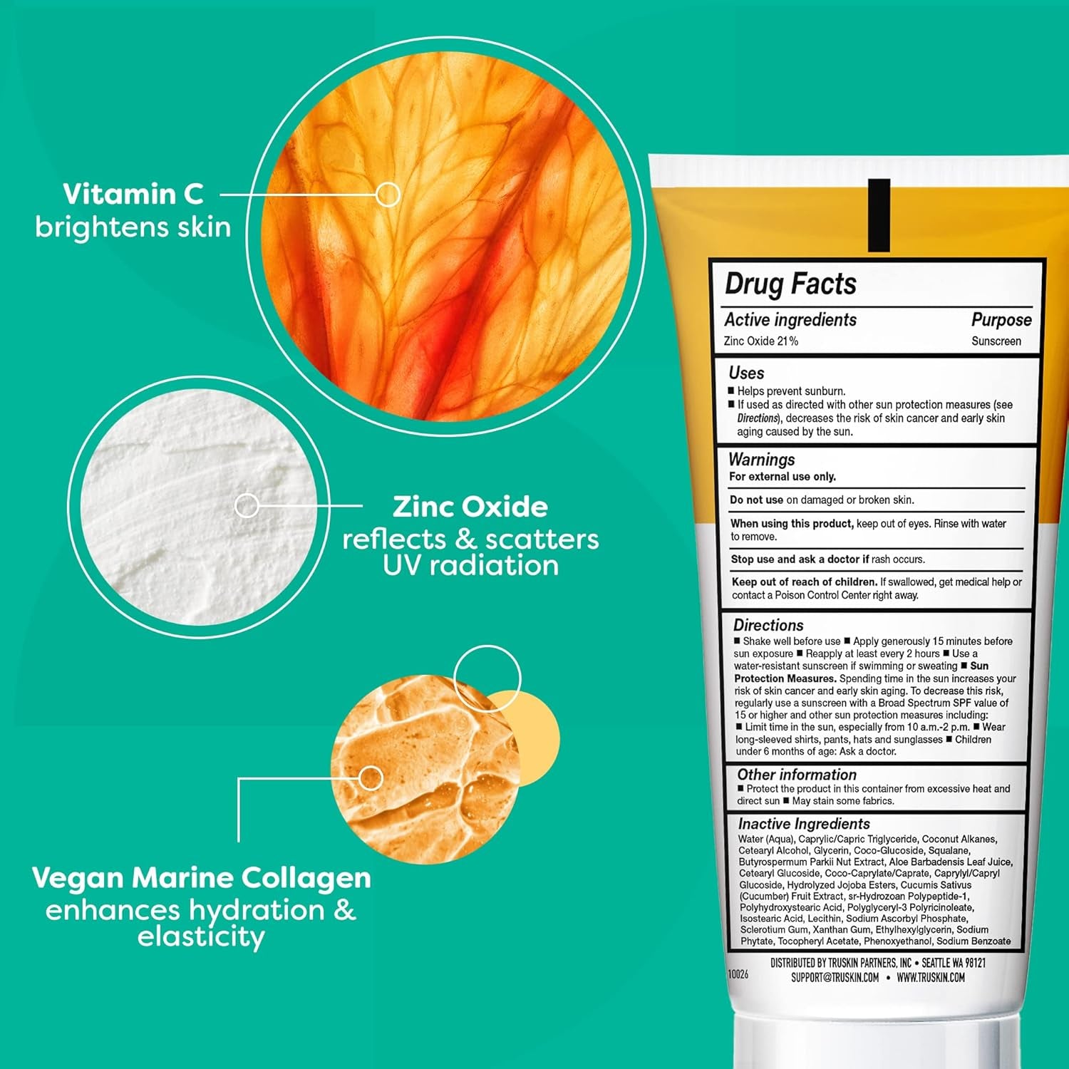 TruSkin Broad Spectrum SPF 30 Mineral Sunscreen with Vitamin C + Vegan Marine Collagen – 50g | Daily UV Protection & Anti-Aging Skincare