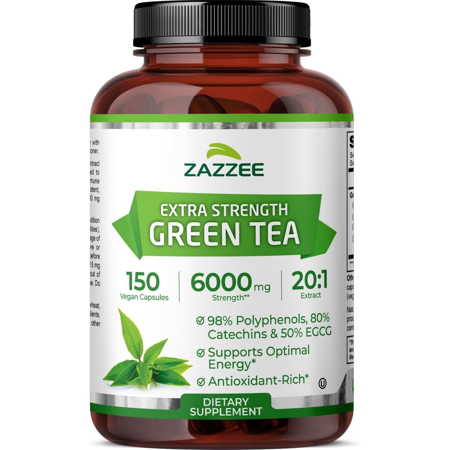 Zazzee Extra Strength Green Tea – 150 Capsules | 6000mg 20:1 Extract with 50% EGCG, 98% Polyphenols & 80% Catechins