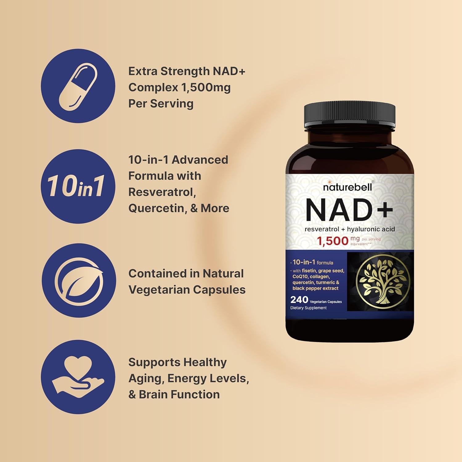 NatureBell NAD+ Resveratrol + Hyaluronic Acid – 240 Veggie Capsules | 11-in-1 Anti-Aging, Energy & Beauty Formula