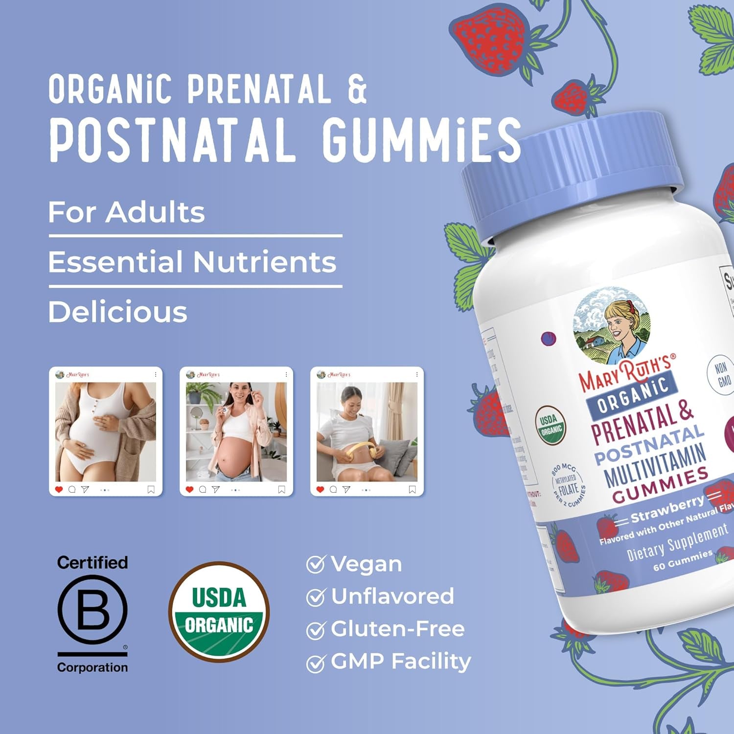 MaryRuth Organics Prenatal Vitamins for Women | USDA Organic Prenatal Gummies | Postnatal Vitamins for Women Breastfeeding | Methylfolate 800 Mcg DFE | Iodine | Vegan | Non GMO | 30 Servings