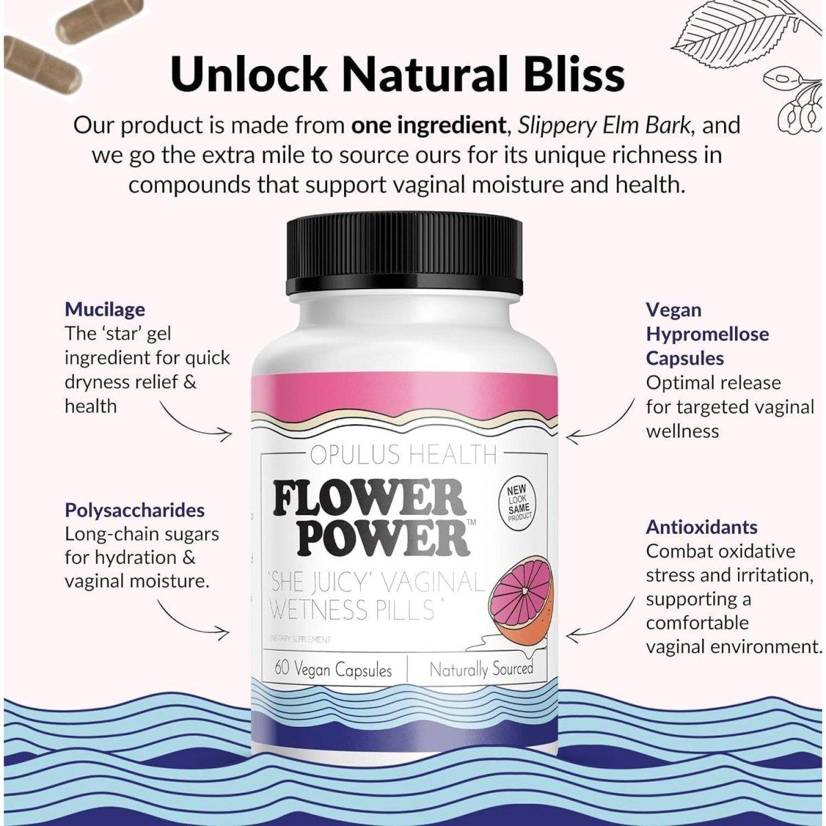 Flower Power ‘She Juicy’ Supplement for Vaginal Health | Slippery Elm Bark - Made in USA - 60 Ct Vegan - Glam Global UK