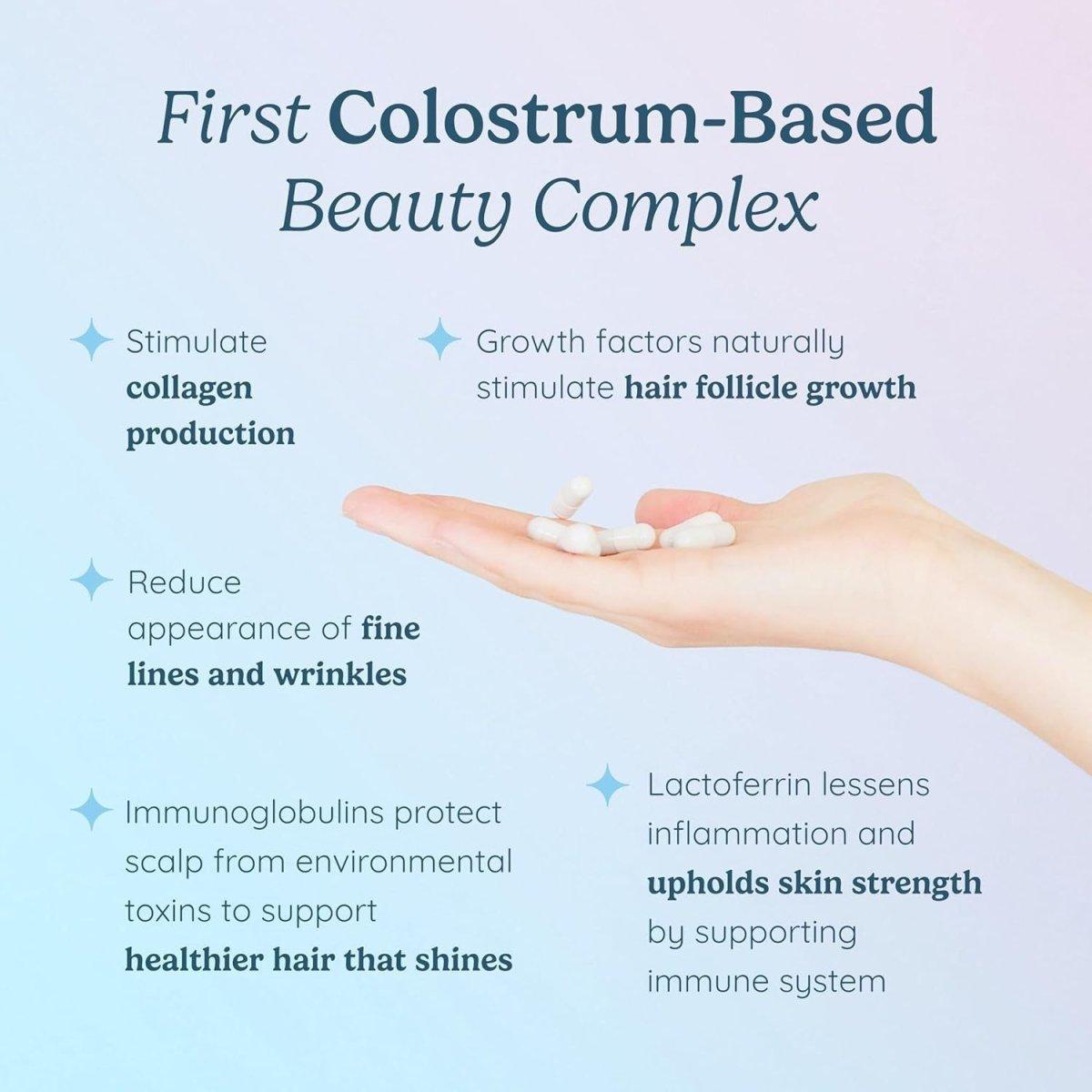 Hair Skin and Nails Vitamins W/Bovine Colostrum, Collagen, Hyaluronic Acid, Biotin, Zinc, & Lactoferrin┃Supports Faster Hair Growth, Stronger Nails and Glowing Skin (30 Servings, Capsule) - Glam Global UK