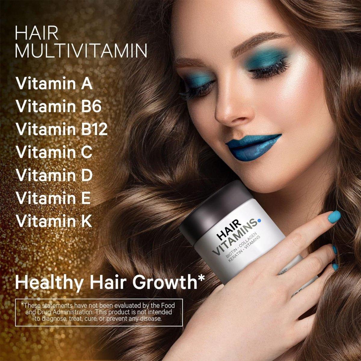 Hair Vitamins 10000 Mcg Biotin, Keratin, Collagen, Vitamin A, B12, C, D3, E, Zinc, Inositol - Hair Care Support for Strength, Thickness Growth - Healthy Hair Supplement Pills - 120 Capsules - Glam Global UK