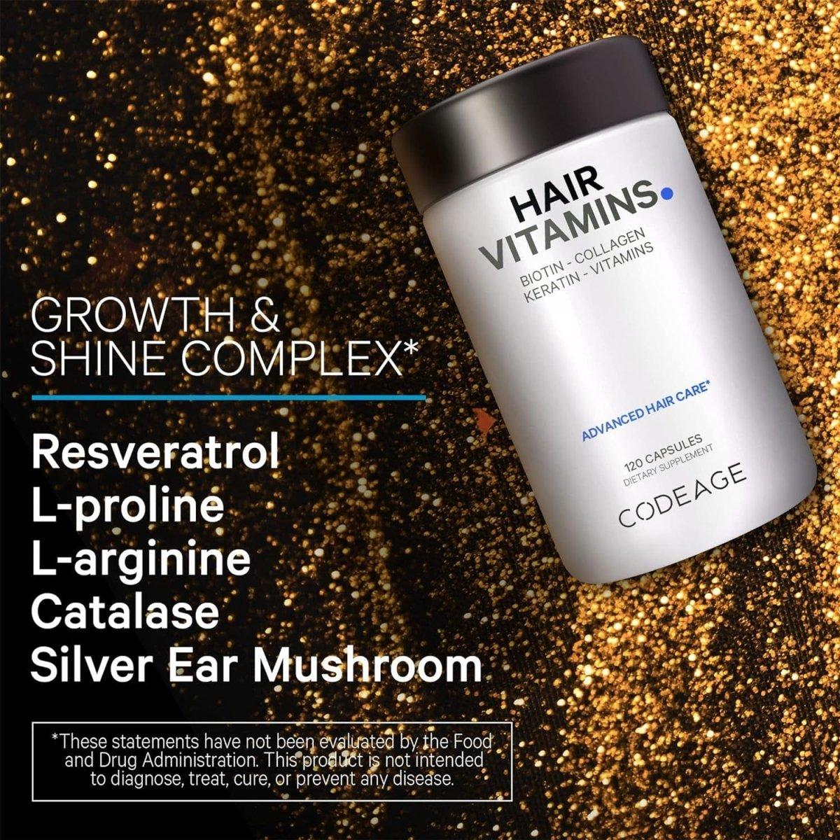 Hair Vitamins 10000 Mcg Biotin, Keratin, Collagen, Vitamin A, B12, C, D3, E, Zinc, Inositol - Hair Care Support for Strength, Thickness Growth - Healthy Hair Supplement Pills - 120 Capsules - Glam Global UK