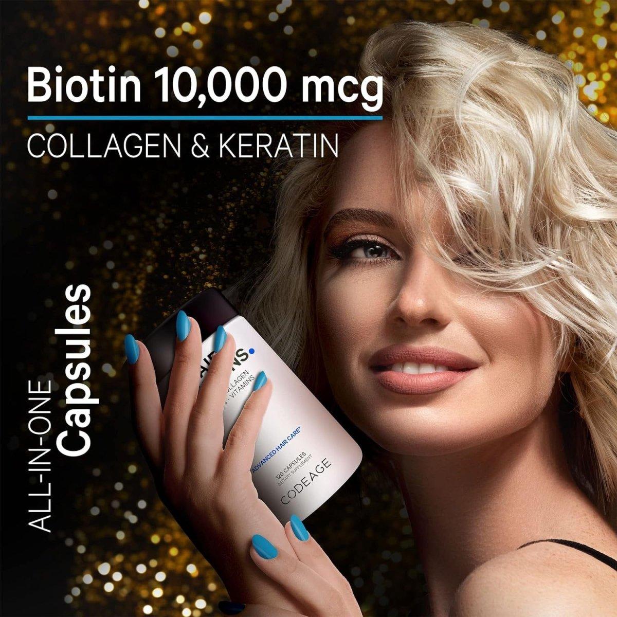 Hair Vitamins 10000 Mcg Biotin, Keratin, Collagen, Vitamin A, B12, C, D3, E, Zinc, Inositol - Hair Care Support for Strength, Thickness Growth - Healthy Hair Supplement Pills - 120 Capsules - Glam Global UK