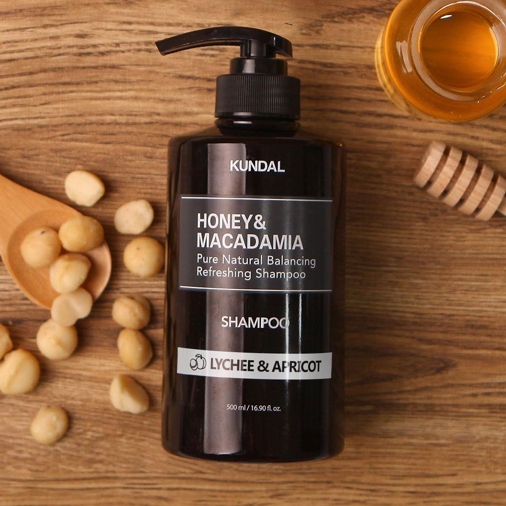 KUNDAL HONEY&MACADAMIA Pure Natural Balancing Refreshing Shampoo 500ml #LYCHEE & APRICOT - Glam Global UK