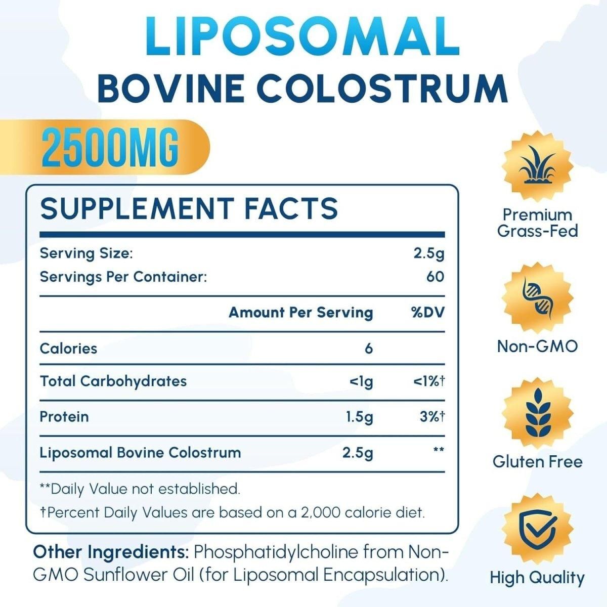 Liposomal Bovine Colostrum Powder Supplement 2500 Mg - from Grass - Fed Cows, High Absorption than Regular Bovine Colostrum for Immune, Gut, Hair, Skin (60 Servings) - Glam Global UK