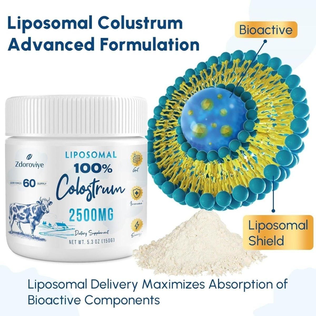 Liposomal Bovine Colostrum Powder Supplement 2500 Mg - from Grass - Fed Cows, High Absorption than Regular Bovine Colostrum for Immune, Gut, Hair, Skin (60 Servings) - Glam Global UK