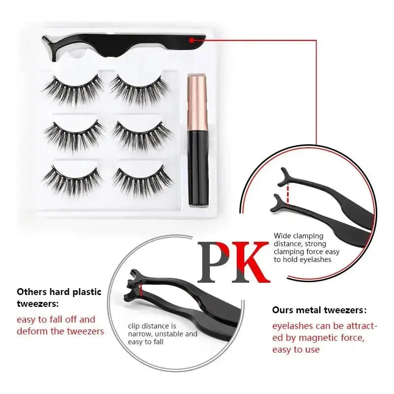 Magnetic Eyelashes Set with Waterproof Eyeliner and Tweezer - Glam Global UK