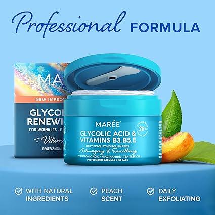 MAREE Glycolic Acid & Vitamins B3, B5, E Daily Exfoliating Polish Pads - 50 Pads - Glam Global UK