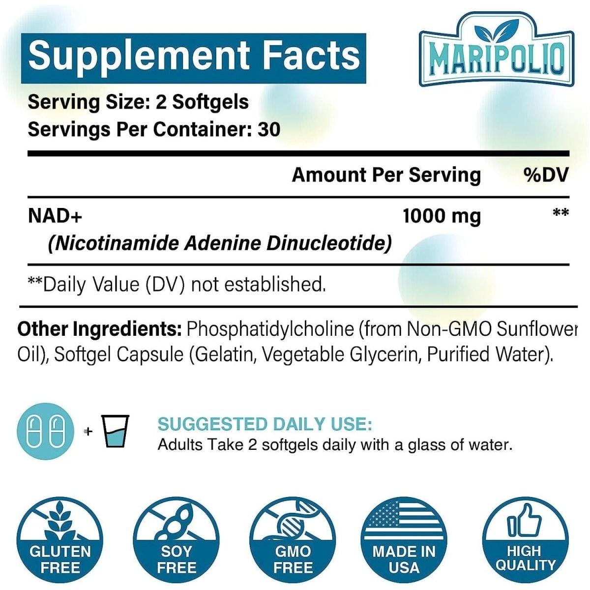 Maripolio Liposomal NAD+ Supplement 1000 Mg | Max Absorption for Energy & Brain Function | 60 Softgels - Glam Global UK