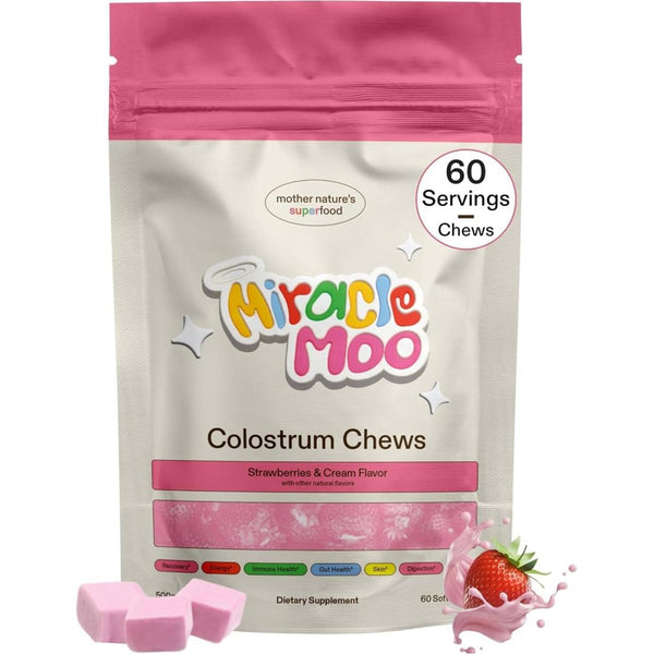 Miracle Moo Colostrum Chews - Grass Fed Bovine Powder - Strawberry Flavor (60 Servings) - Glam Global UKMiracle Moo