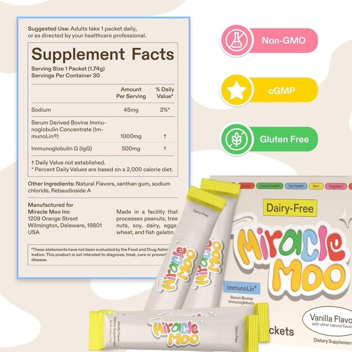 Miracle Moo Dairy Free Supplement - Colostrum Alternative for Gut Health - Vanilla Stick Packets (30 Servings) - Glam Global UK