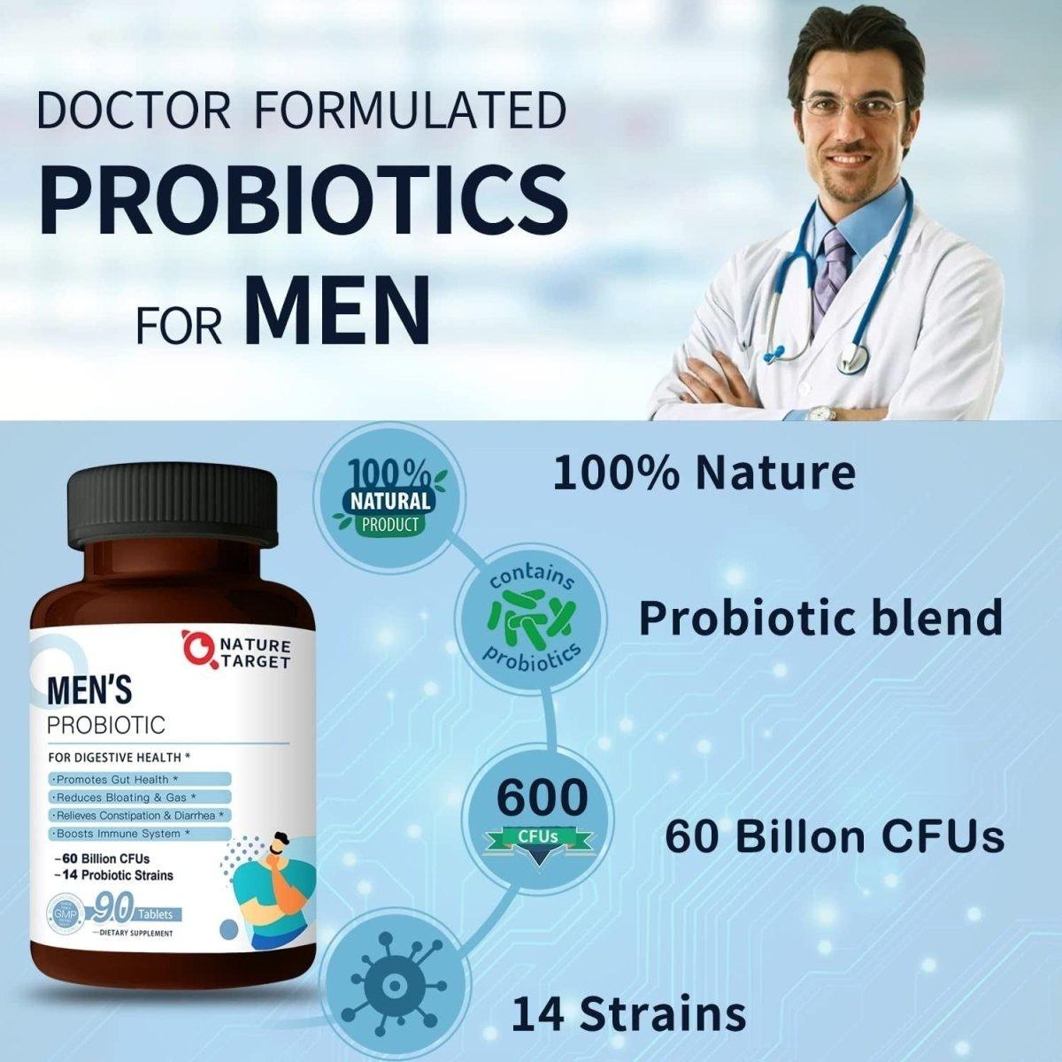 NATURE TARGET Probiotics for Men 60 Billion Cfus & 14 Strains Shelf Stable, Gluten & Soy Free (90 Count) - Glam Global UK