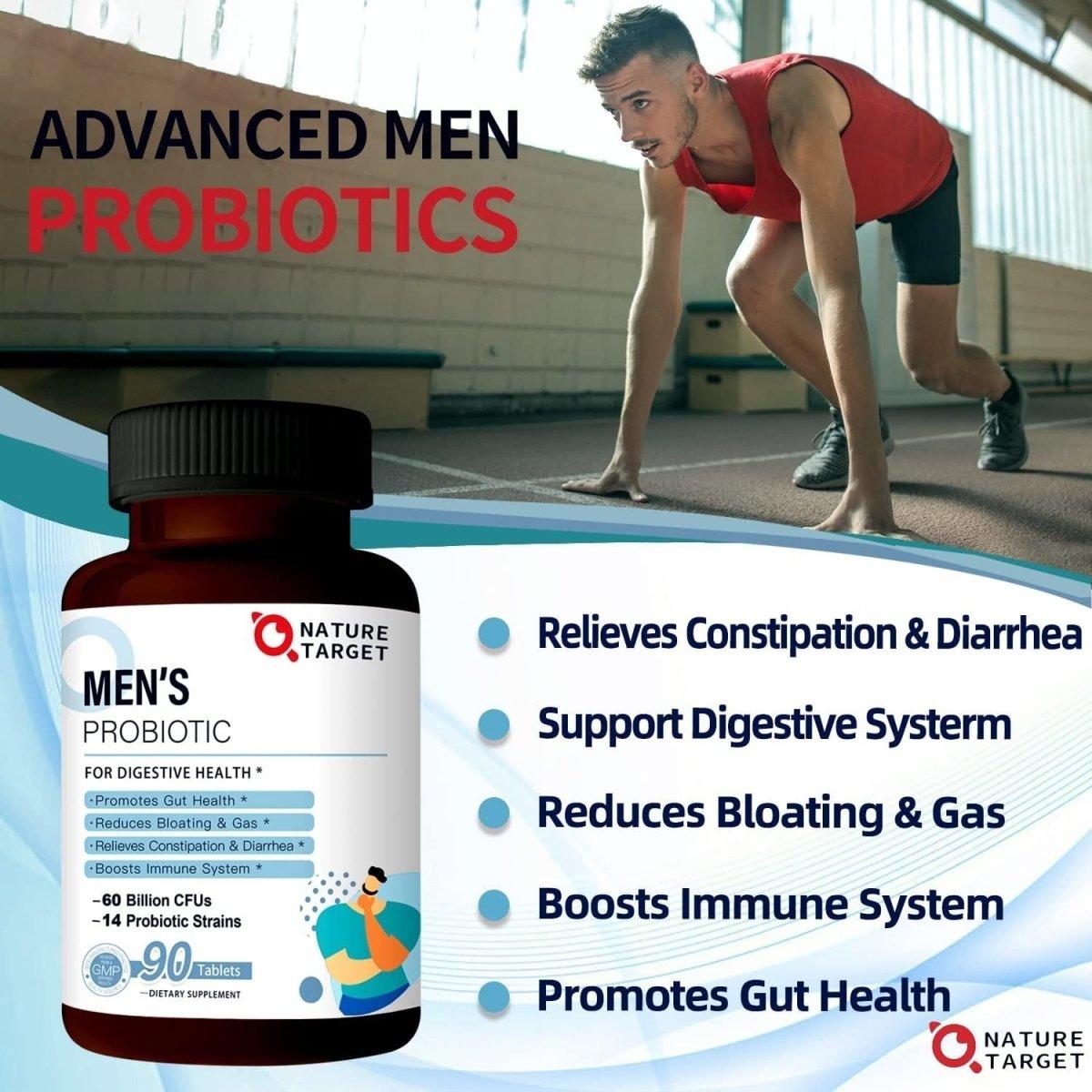 NATURE TARGET Probiotics for Men 60 Billion Cfus & 14 Strains Shelf Stable, Gluten & Soy Free (90 Count) - Glam Global UK