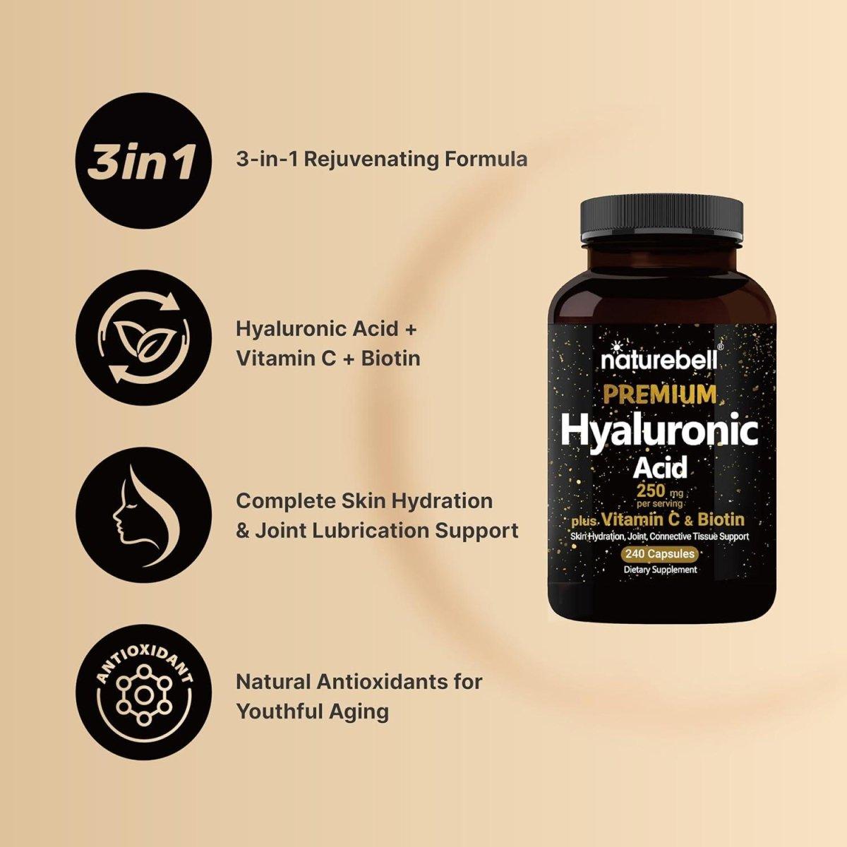 NatureBell Premium Hyaluronic Acid Supplements 250mg per serving (240 Capsules) - Glam Global UK