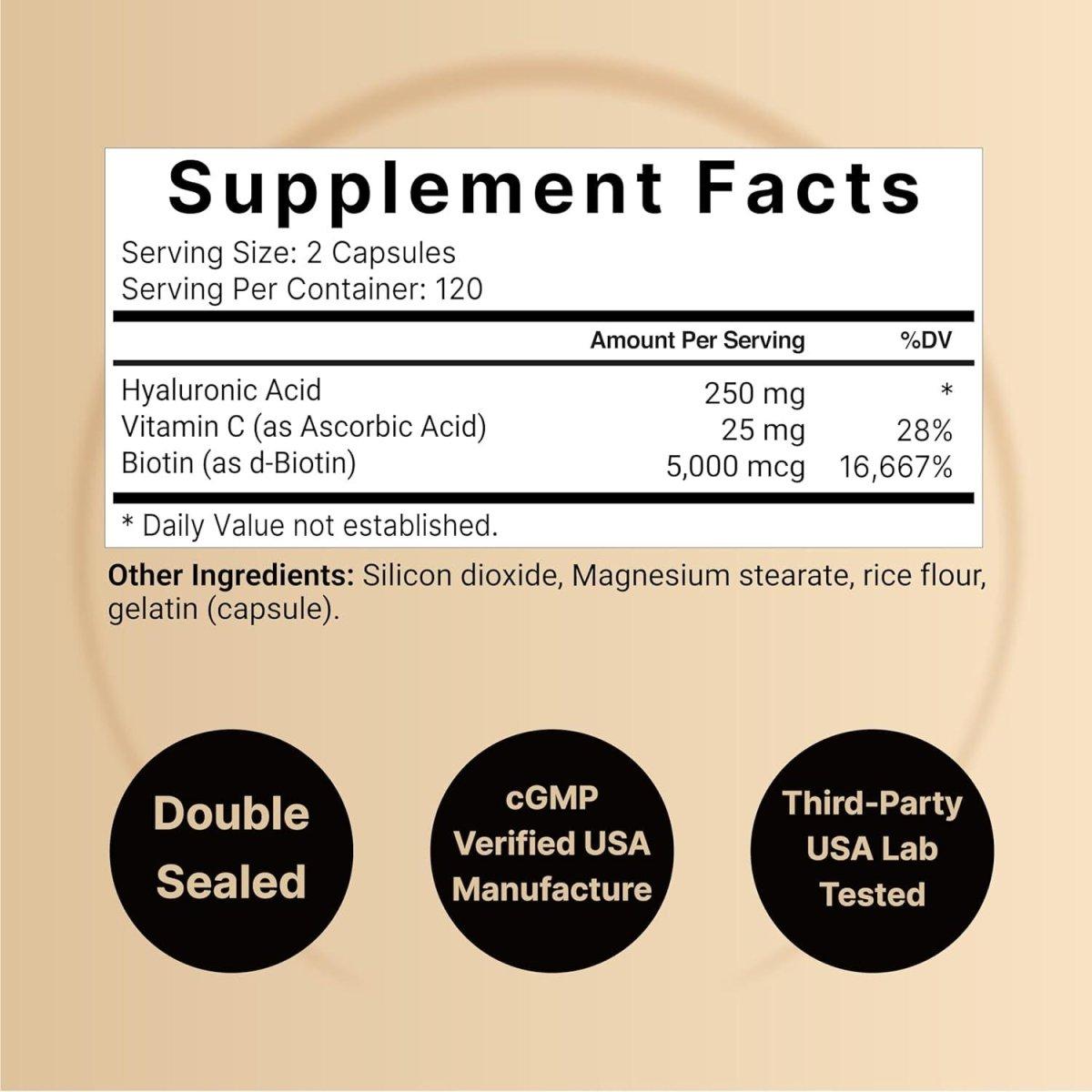 NatureBell Premium Hyaluronic Acid Supplements 250mg per serving (240 Capsules) - Glam Global UK