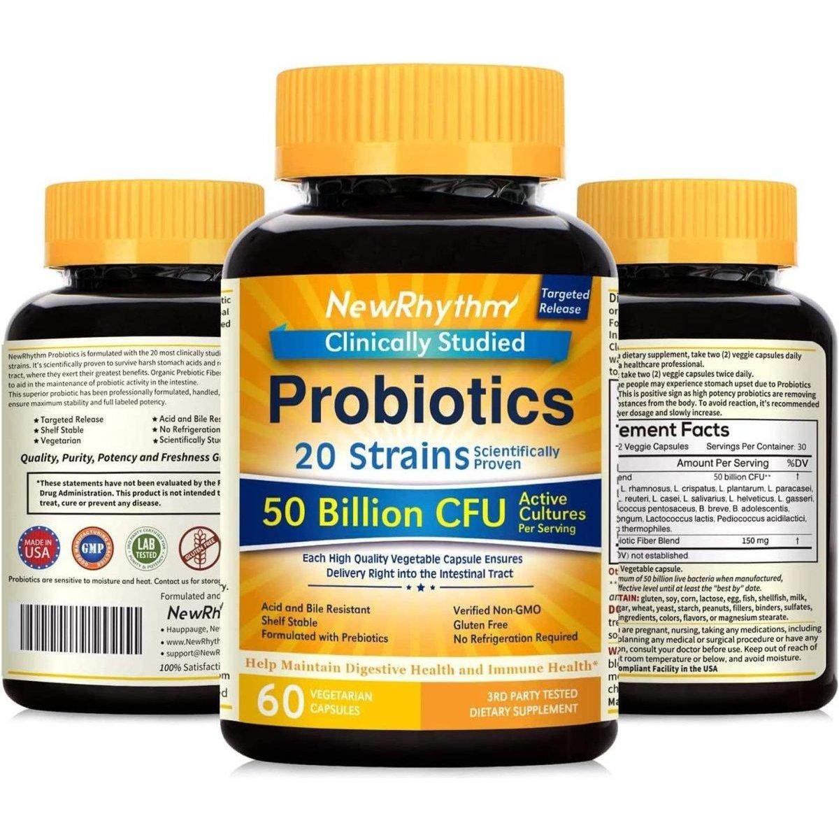 NewRhythm Probiotics 50 Billion CFU 20 Strains, 60 Veggie Capsules, - Glam Global UK