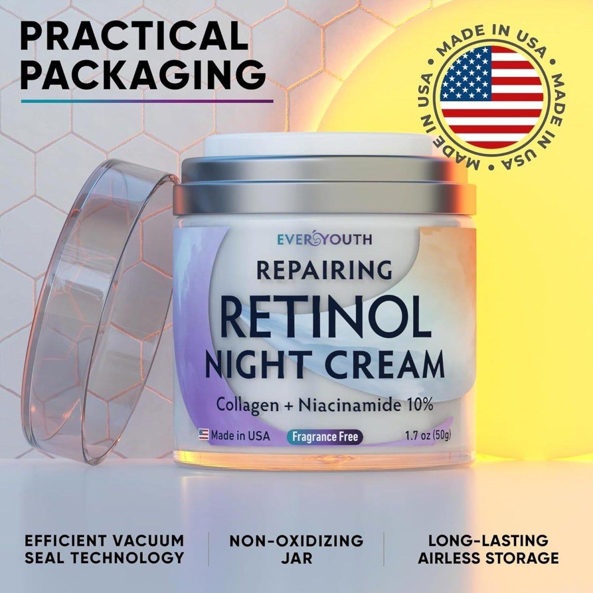 Night Cream Face Moisturizer with Retinol, Collagen, Niacinamide 10%, anti Wrinkle Face Cream, Made in USA, Retinol Cream for Face, anti Aging Face Cream, Face Moisturizer for Women, 1.7Oz - Glam Global UK