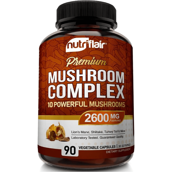 Nutriflair Mushroom Supplement 2600mg - 90 Capsules - 1o Organic Mushrooms - Lions Mane - Nootropic Complex - Glam Global UKNutriflair