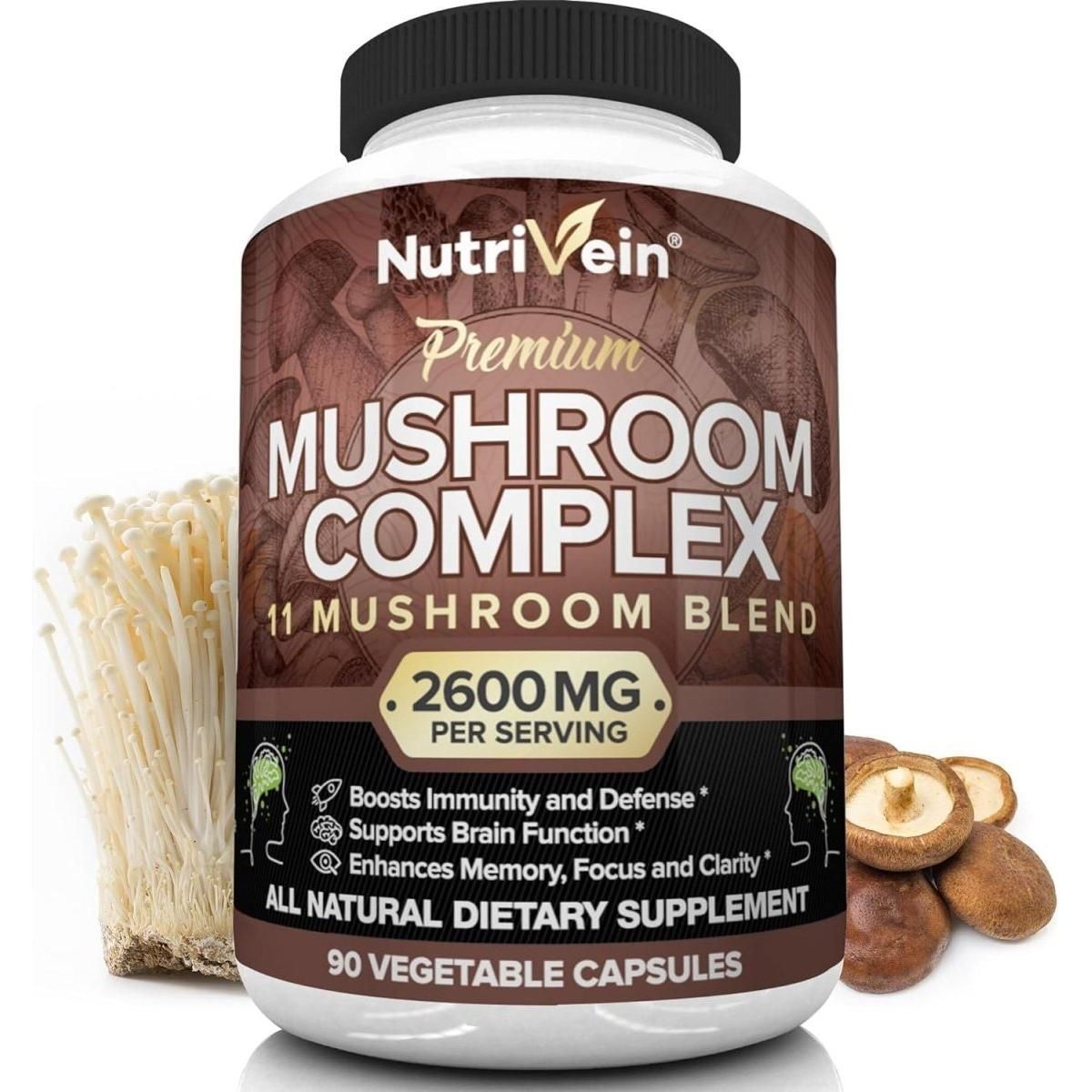 NutriVein Premium Mushroom Complex - 2600Mg - 90 Capsules - 11 Organic Mushrooms - Glam Global UK