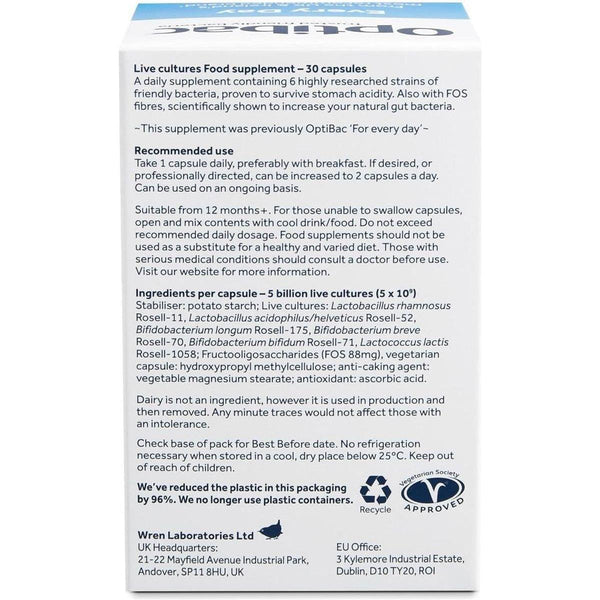 Optibac Every Day - Digestive Probiotic Supplement with 5 Billion Bacterial Cultures & FOS Fibres - 30 Capsules - Glam Global UKOptibac