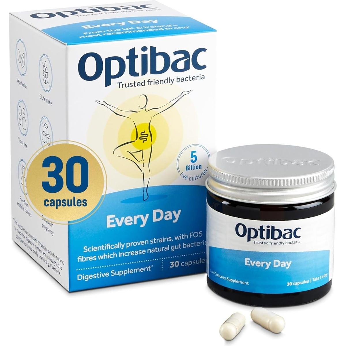 Optibac Every Day - Digestive Probiotic Supplement with 5 Billion Bacterial Cultures & FOS Fibres - 30 Capsules - Glam Global UK