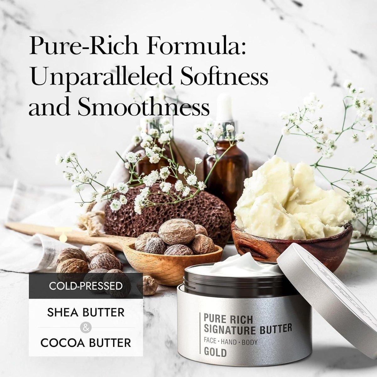 Pure Rich Body Butter - Super Creamy with Ceramides, Hyaluronic Acid, Niacinamide (B3), Panthenol (B5), and Shea Butter for Deep Hydration and Repairing Dry Skin (Gold, 7 Oz) - Glam Global UK