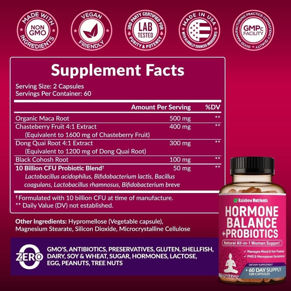 Rainbow Nutrients Hormone Balance + Probiotics for Women (3450Mg) - 120 V Capsules - Glam Global UK