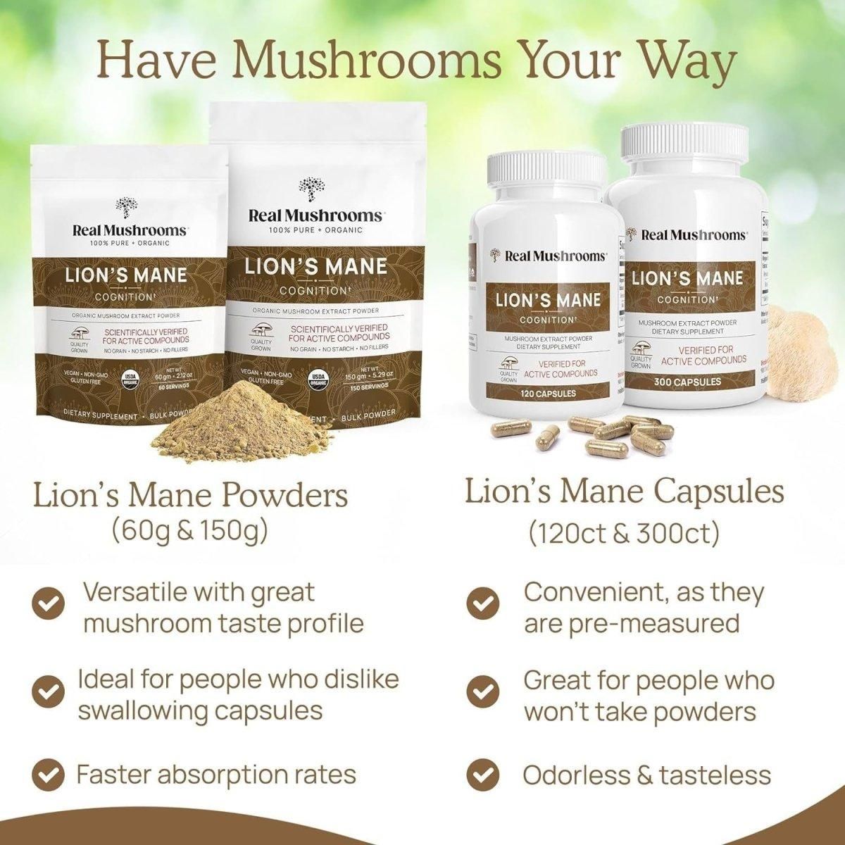 Real Mushrooms Lion’s Mane Organic Capsules - Brain Mushroom Supplements for Memory and Focus - 300 Capsules - Glam Global UK