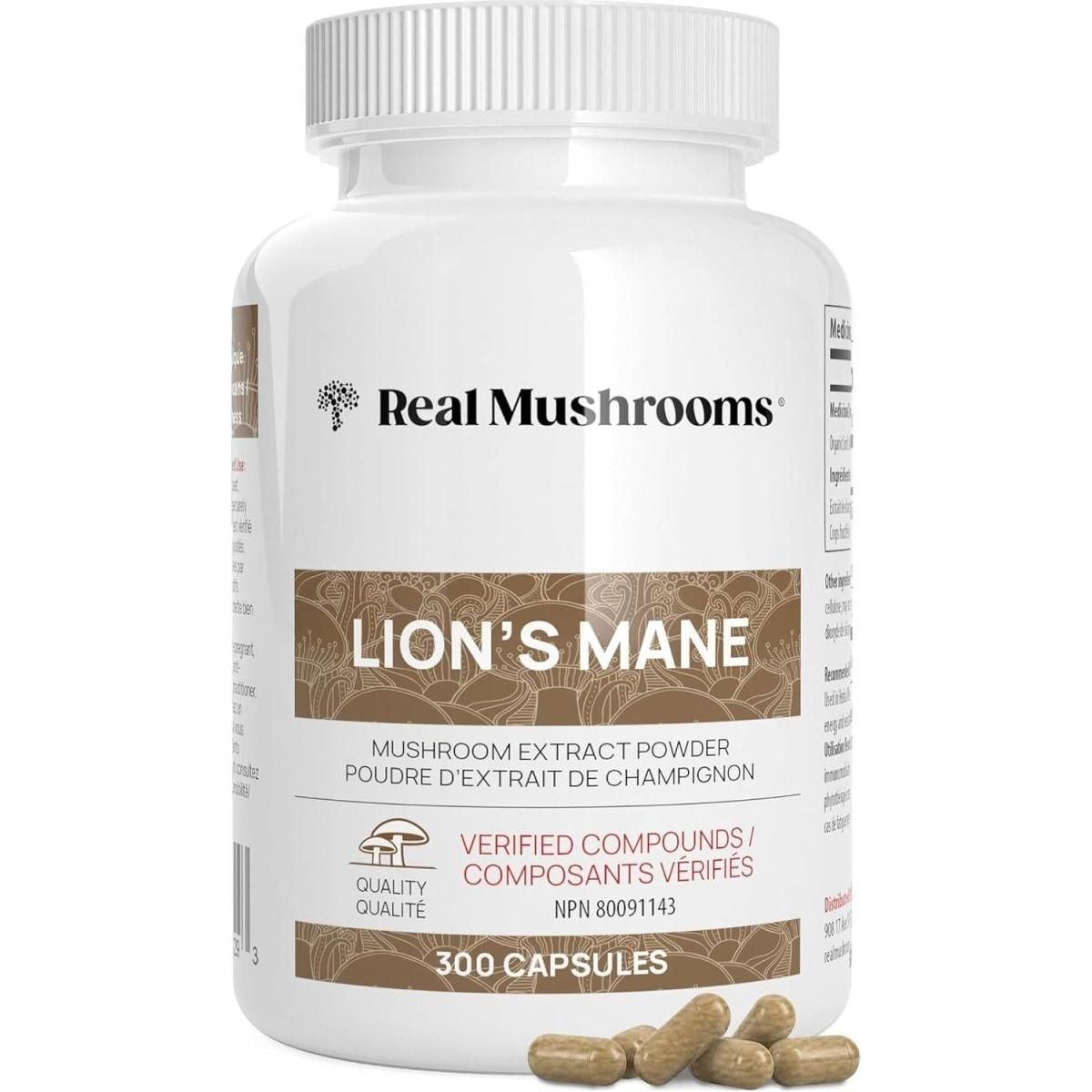 Real Mushrooms Lion’s Mane Organic Capsules - Brain Mushroom Supplements for Memory and Focus - 300 Capsules - Glam Global UK