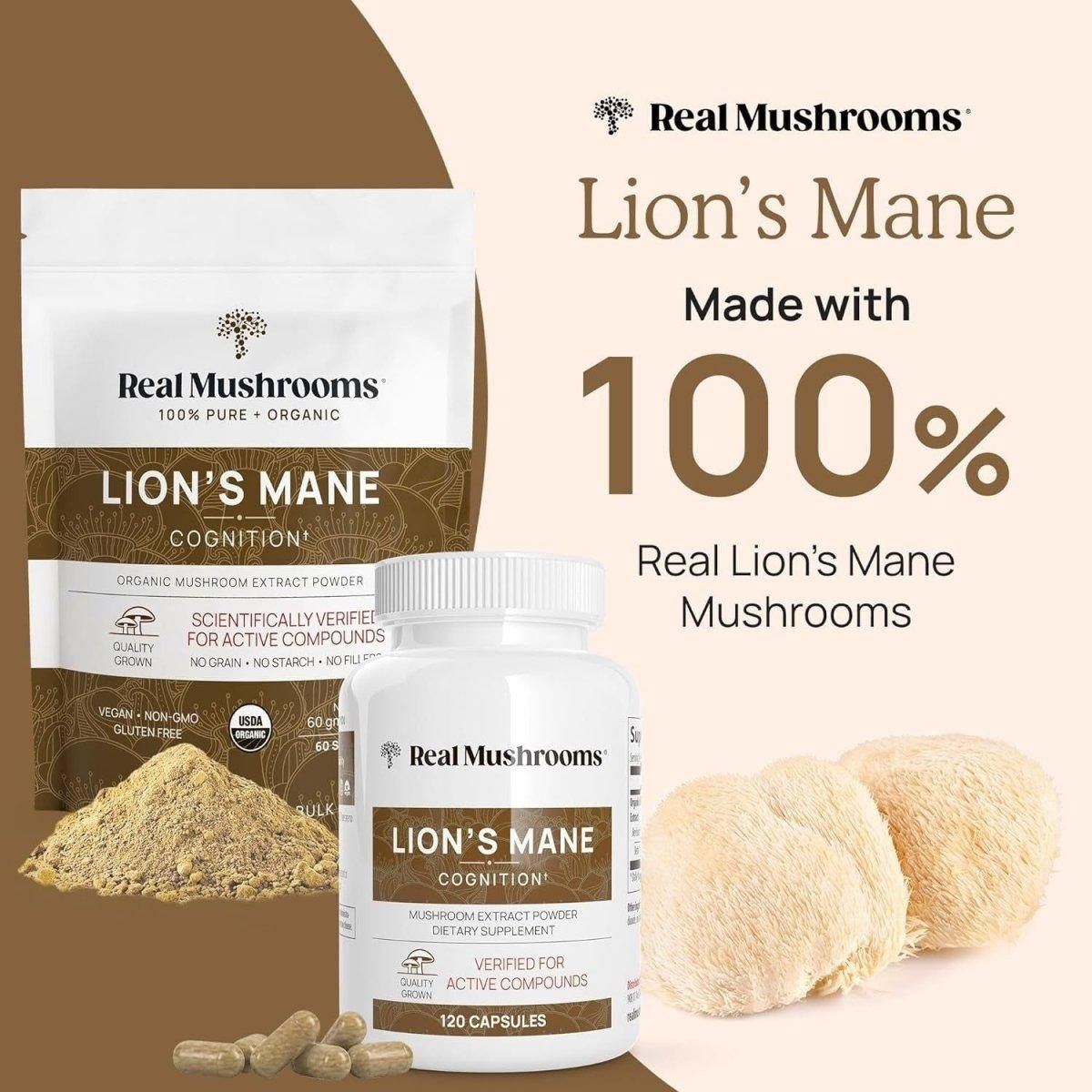 Real Mushrooms Lion’s Mane Organic Capsules - Brain Mushroom Supplements for Memory and Focus - 300 Capsules - Glam Global UK