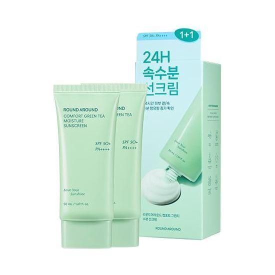 ROUND AROUND Comfort Green Tea Moisture Sunscreen SFP50+ PA++++ 50ml+50ml (Double SET) - Glam Global UK