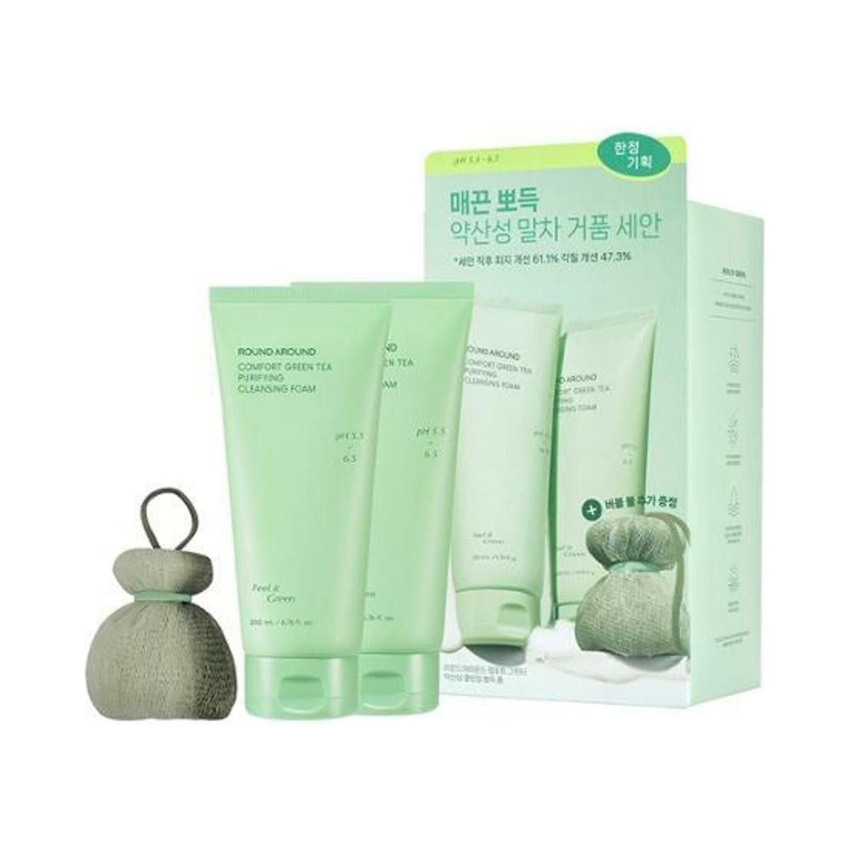 ROUND AROUND Comfort Green Tea Purifying Cleansing Foam 200ml+200ml+Matcha Bubble Ball (Double SET) - Glam Global UK