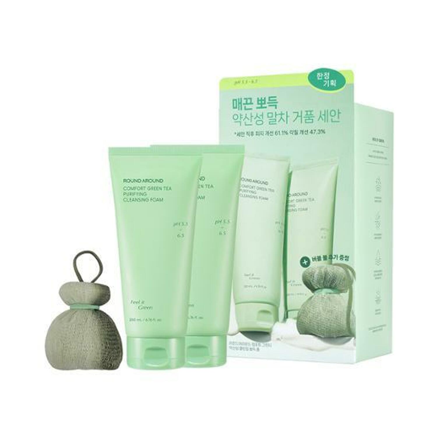 ROUND AROUND Comfort Green Tea Purifying Cleansing Foam 200ml+200ml+Matcha Bubble Ball (Double SET) - Glam Global UK