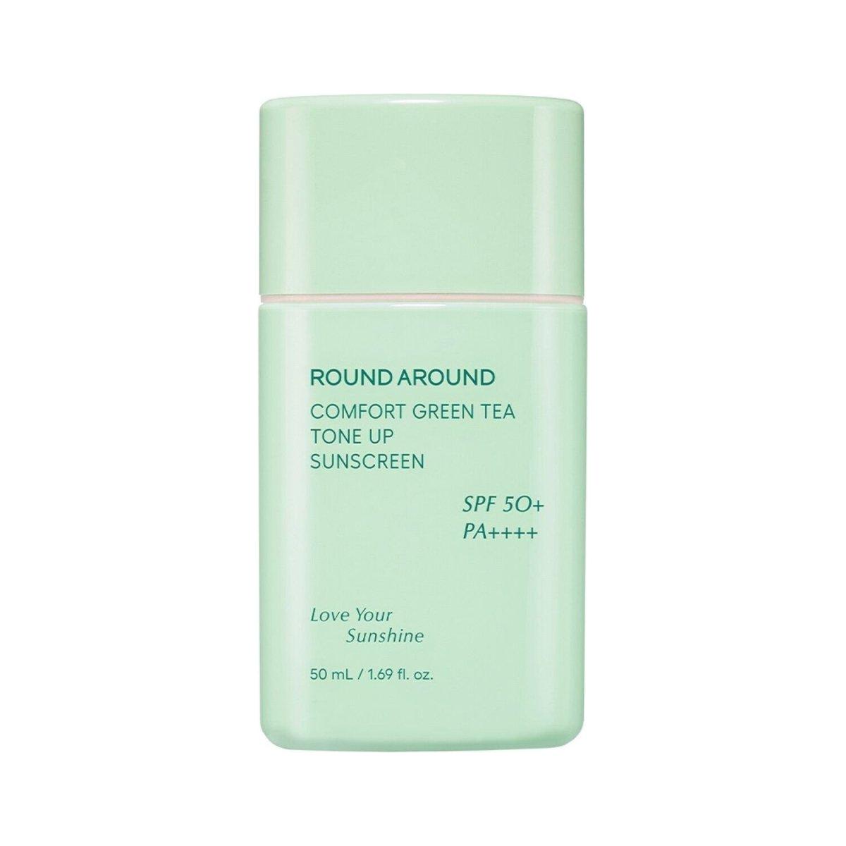 ROUND AROUND Comfort Green Tea Tone Up Sunscreen SFP50+ PA++++ 50ml - Glam Global UK