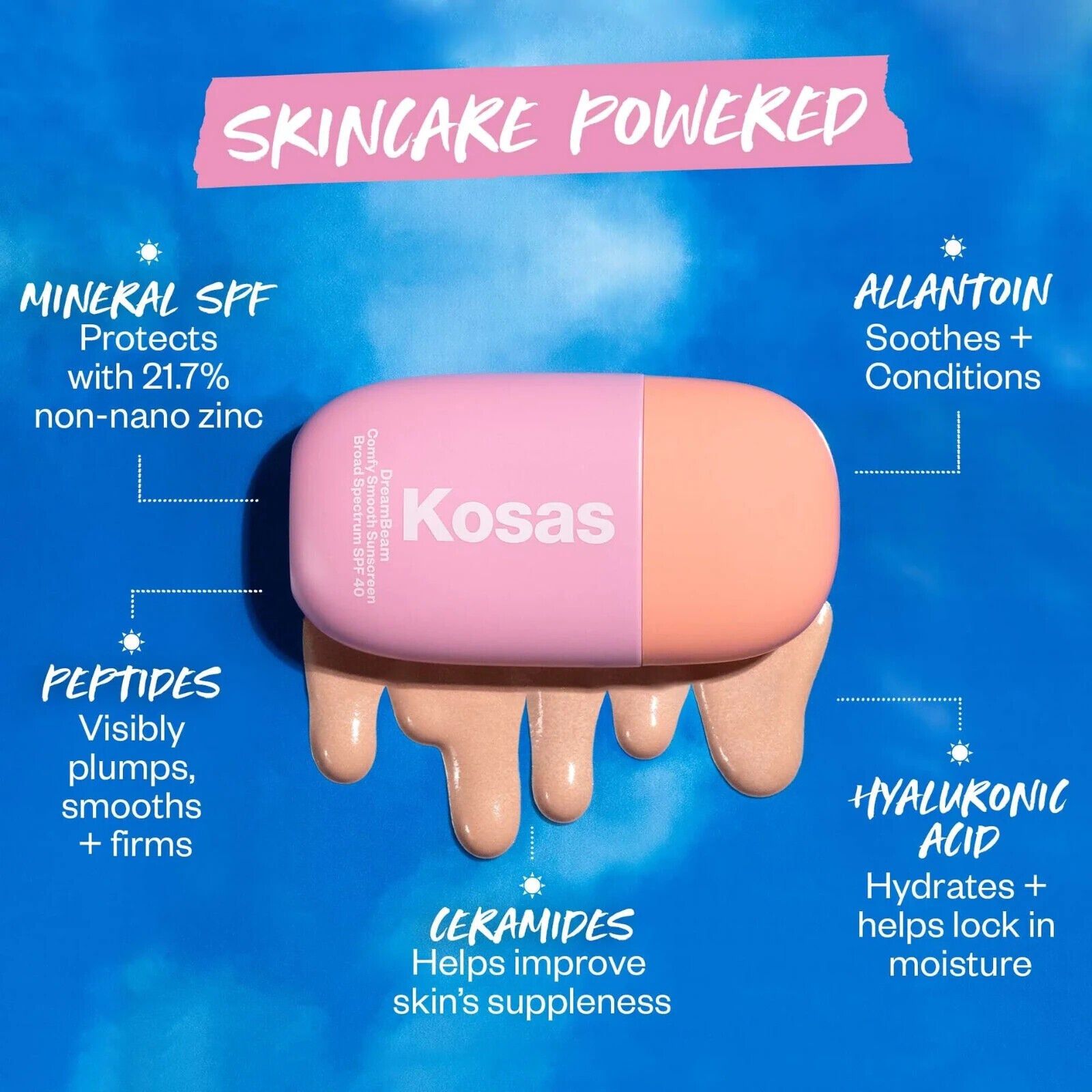 Kosas DreamBeam Silicone-Free Mineral Sunscreen SPF 40 with Ceramides and Peptides - 40ml