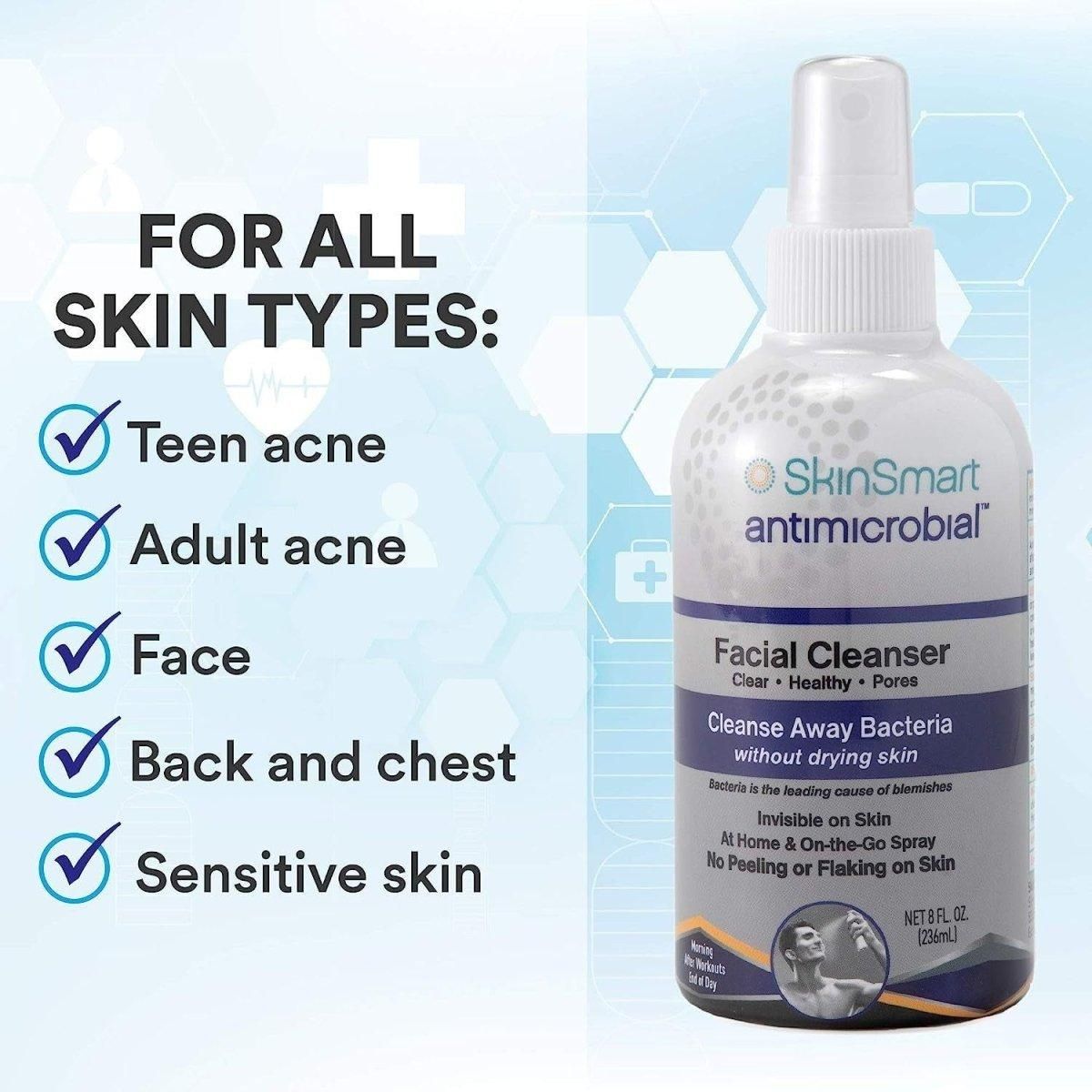 Skinsmart Antimicrobal Facial Cleanser for Acne - 240ml Spray Bottle - Glam Global UK