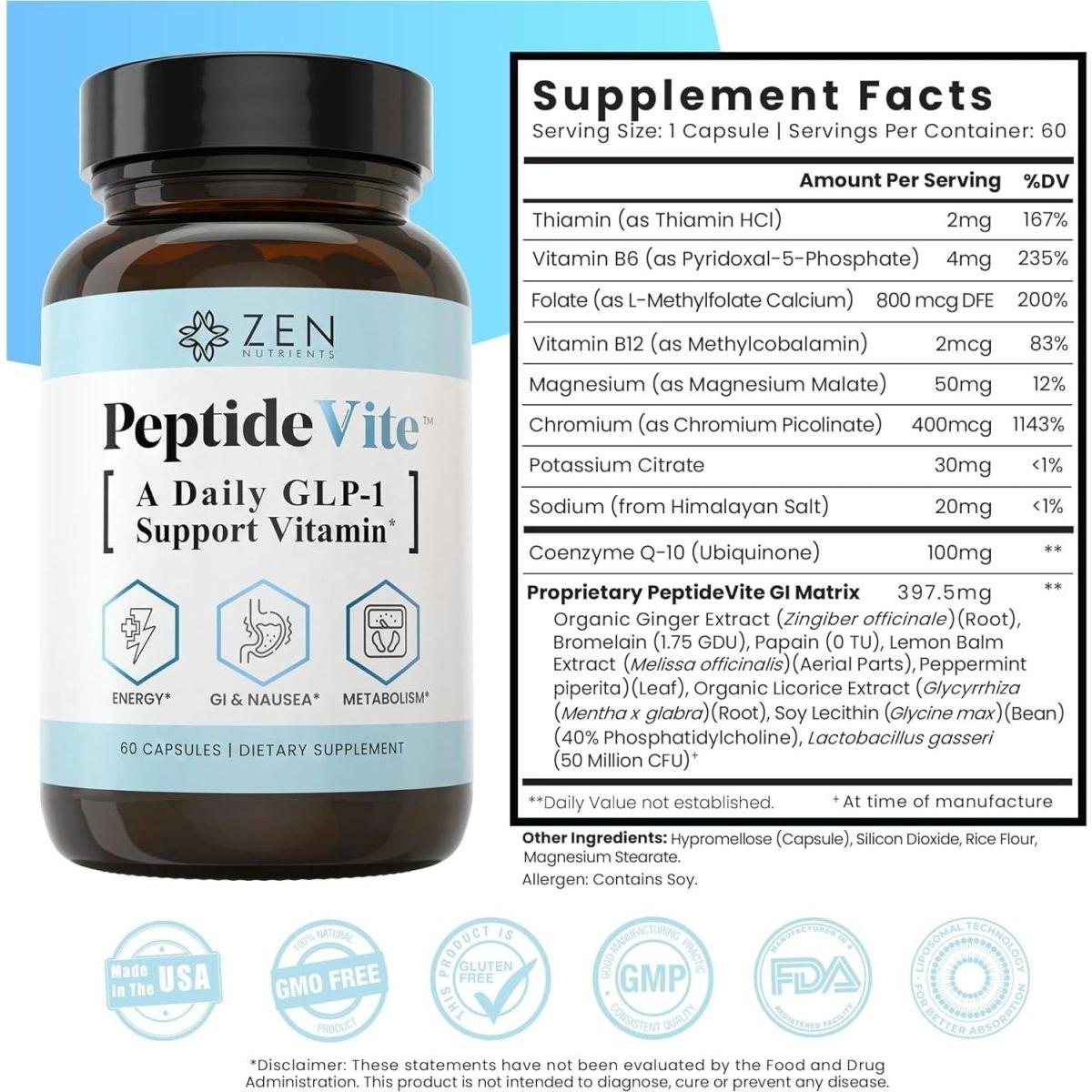 Zen Nutrients PeptideVite GLP - 1 Support Vitamin - 60 Capsules - Glam Global UK