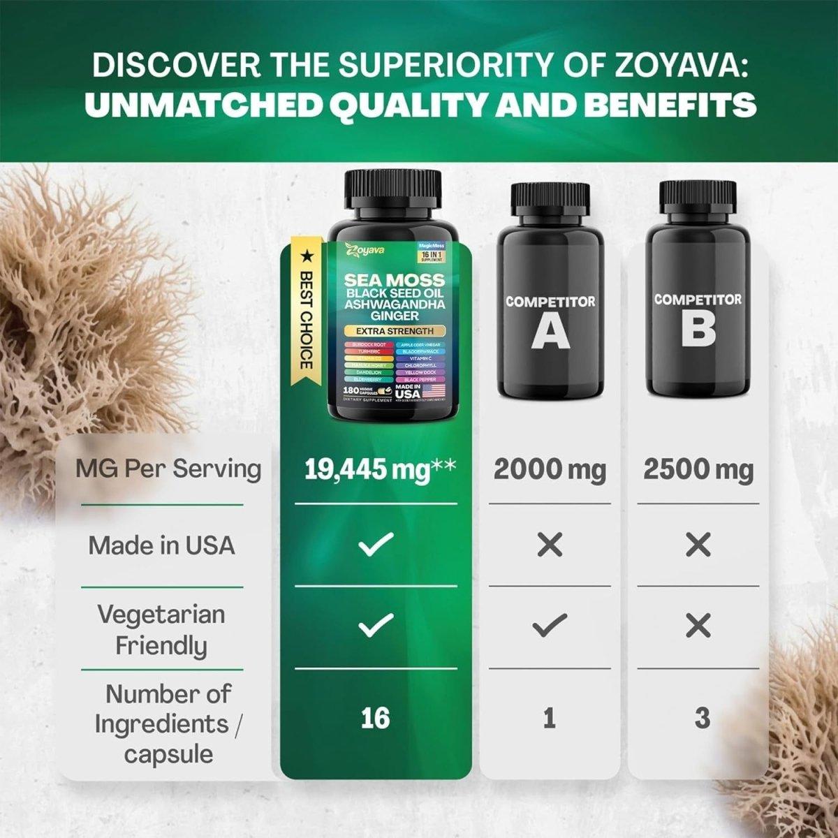 Zoyava Sea Moss 7000Mg Black Seed Oil 4000Mg Ashwagandha - 180 Capsules (Large) - Glam Global UK