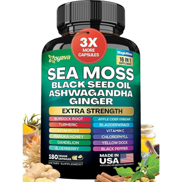 Zoyava Sea Moss 7000Mg Black Seed Oil 4000Mg Ashwagandha - 180 Capsules (Large) - Glam Global UKZoyava