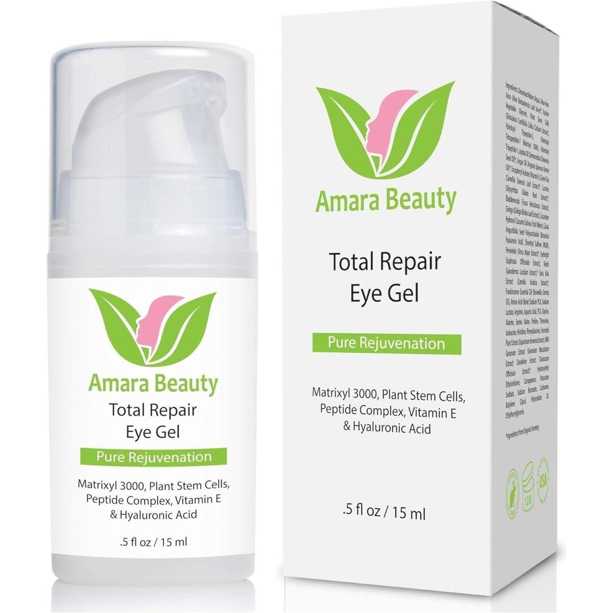 Amara Beauty Eye Cream Gel for Dark Circles & Puffiness with Peptides & Hyaluronic Acid - 15 Ml - Glam Global UK