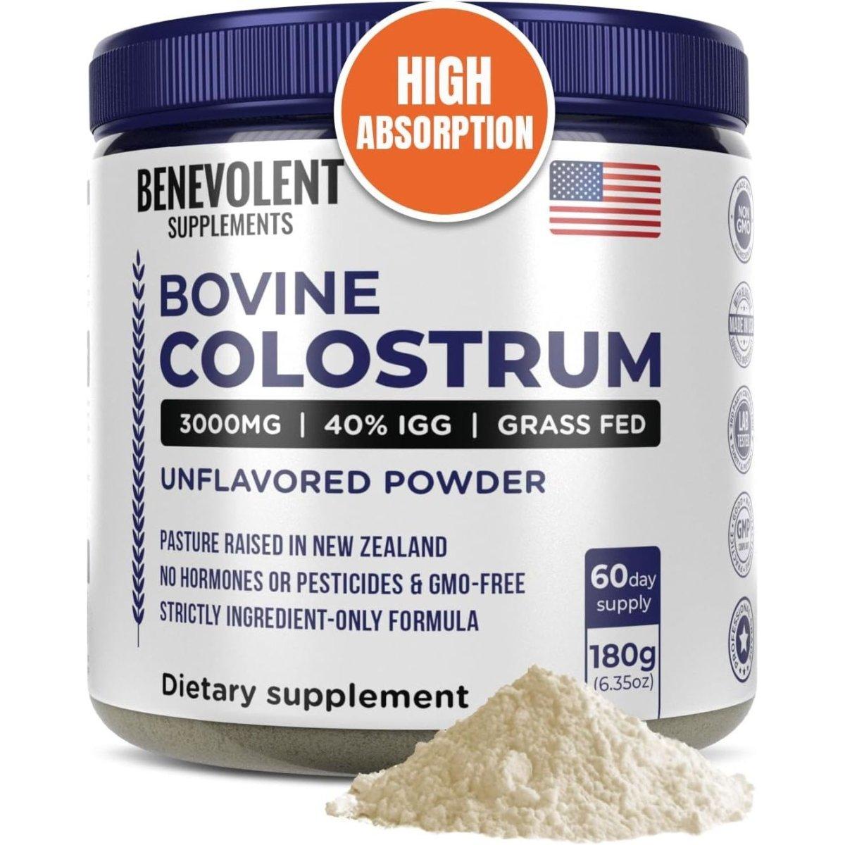 Benevolent Supplements Bovine Colostrum Powder (3000Mg + 40% Igg + No Fillers) - Grass Fed - 60 Servings - Glam Global UK