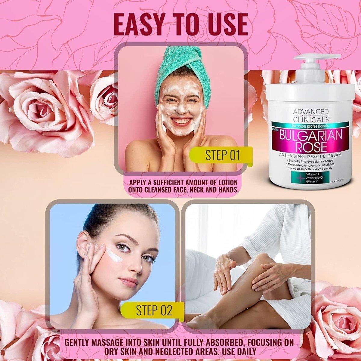 Bulgarian Rose anti Aging Vitamin E Moisturizer Body Lotion & Face Cream | Body Butter Cream | Skin Brightening + Tightening Lotion | Body Skin Care Products for Women, Large 16 Oz - Glam Global UK