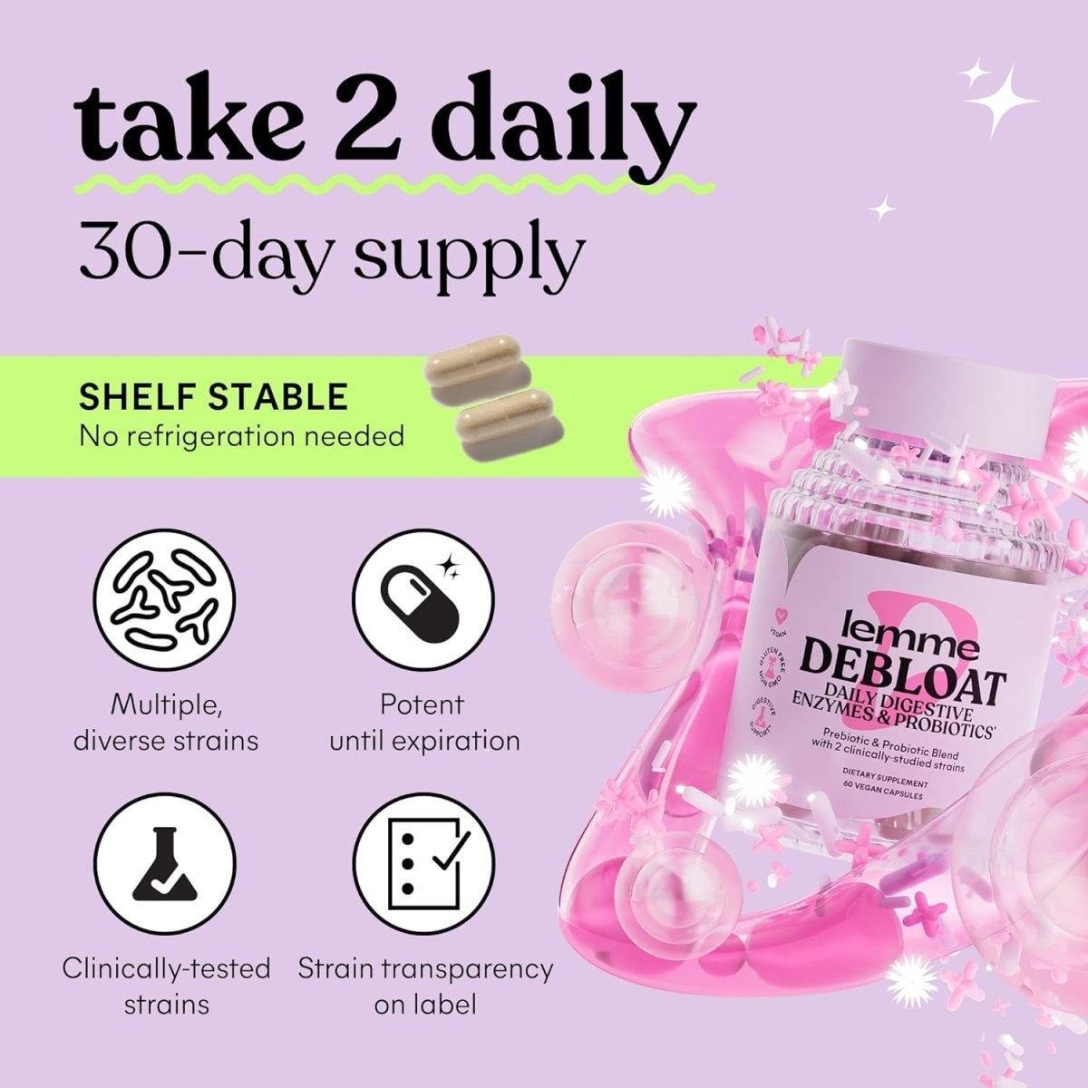 Lemme Debloat Daily Digestive Enzymes & 3-in-1 Prebiotic - 60 Ct - Glam Global UK