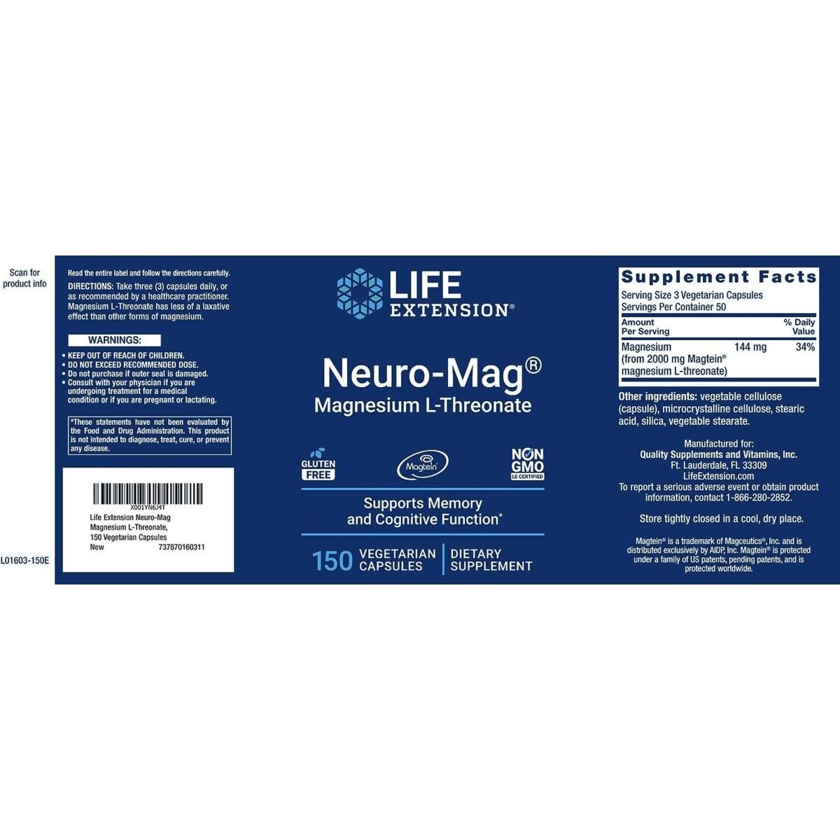 Life Extension Neuro-Mag Magnesium L-Threonate, 150 Veg Caps - Glam Global UK