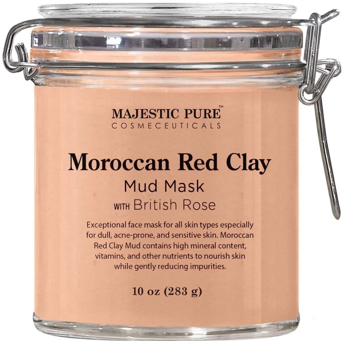 Majestic Pure Moroccan Red Clay Facial Mud Mask with British Rose - 300ml - Glam Global UK