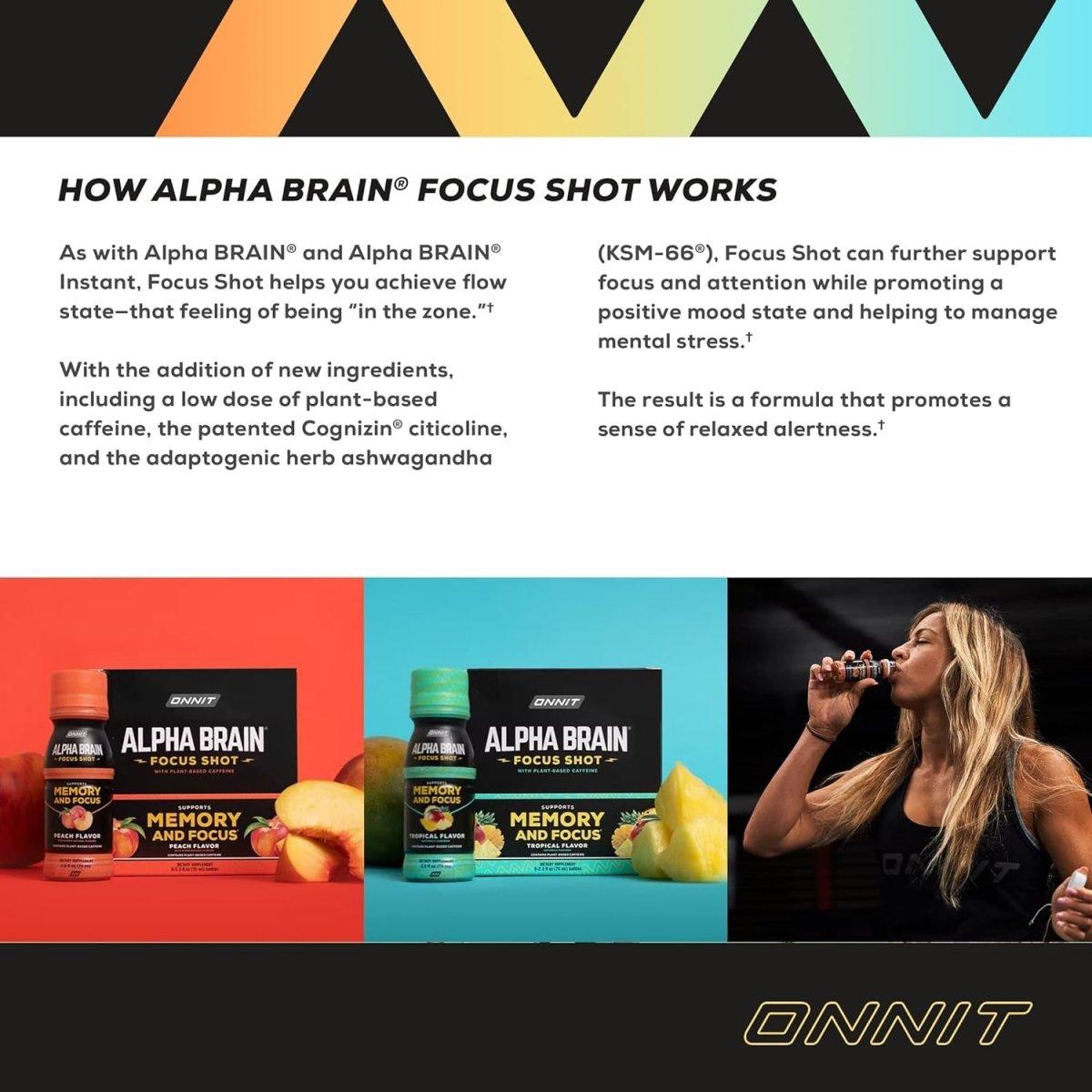 Onnit Alpha BRAIN Focus Energy Shot Supplement - Energy, Focus, Mood, Stress, Brain Booster Drink - Peach (75ml, 6 Ct) - Glam Global UK
