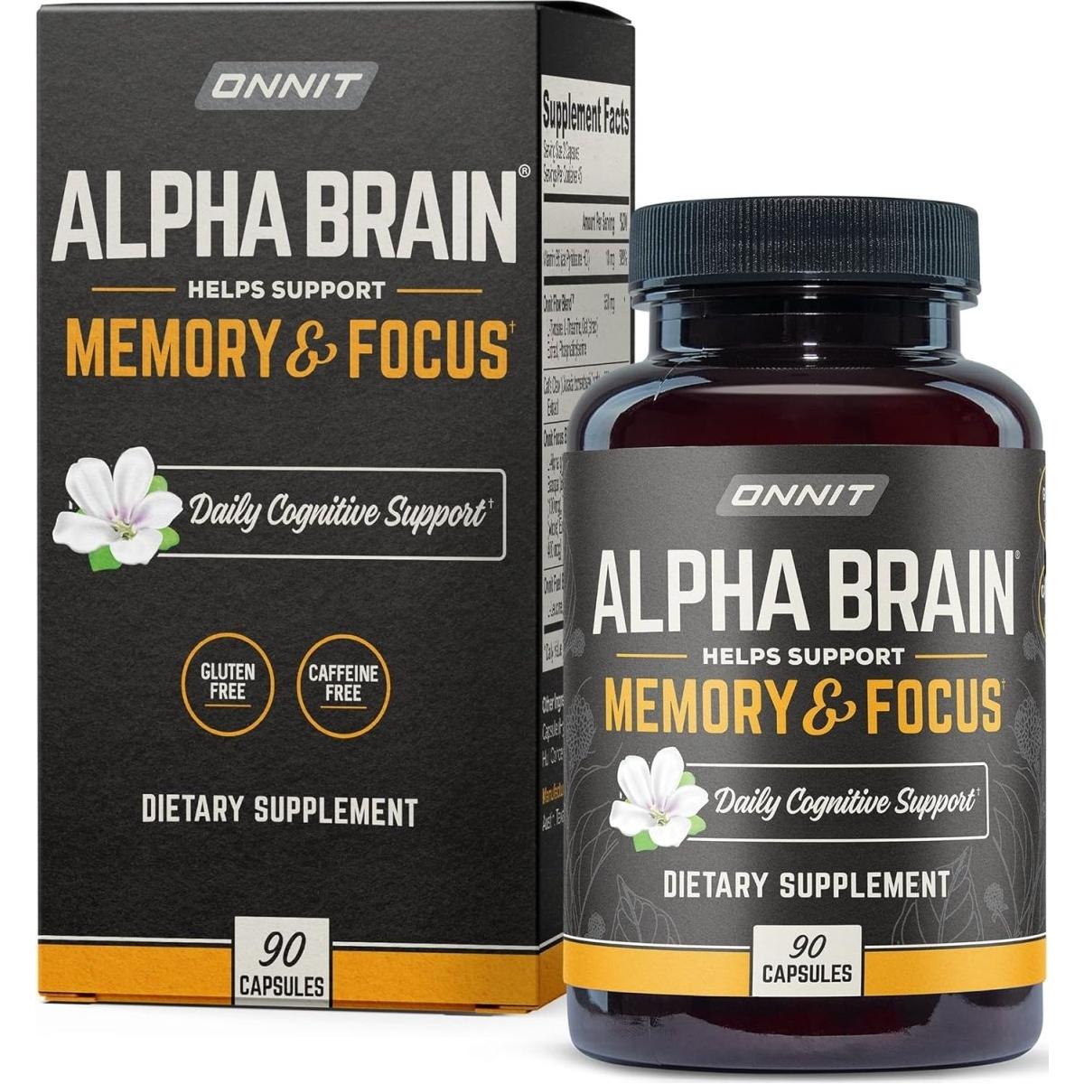 Onnit Alpha Brain Premium Nootropic Supplement, 90 Count, for Men & Women - Caffeine-Free Focus Capsules for Concentration, Brain & Memory Support - Brain Booster Cat'S Claw, Bacopa, Oat Straw - Glam Global UK