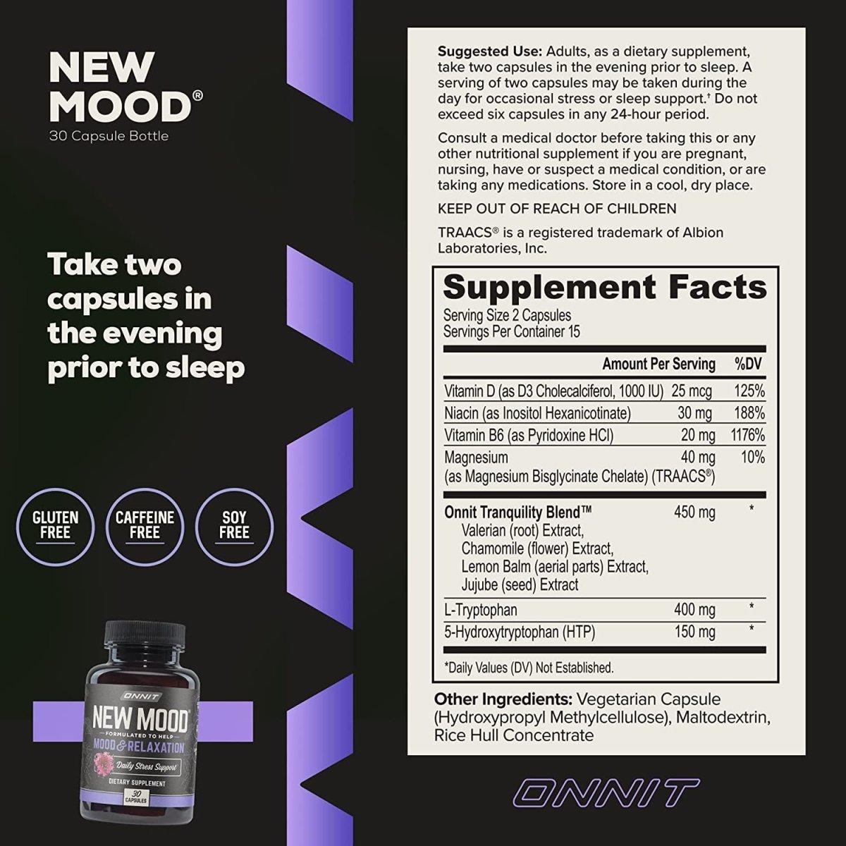 Onnit New Mood - Occasional Stress Relief, Sleep and Mood Support Supplement, 30 Count - Glam Global UK